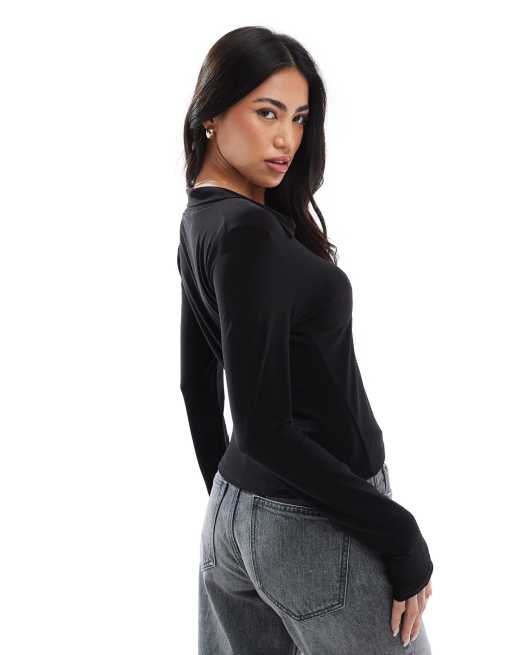 Miss Selfridge – Langärmliges Jersey-Oberteil in Schwarz mit Kragen, 2 von 4