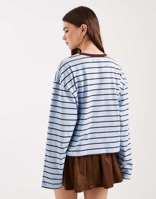 Miss Selfridge – Langärmliges, kastiges Oberteil in Blau gestreift, 4 von 4