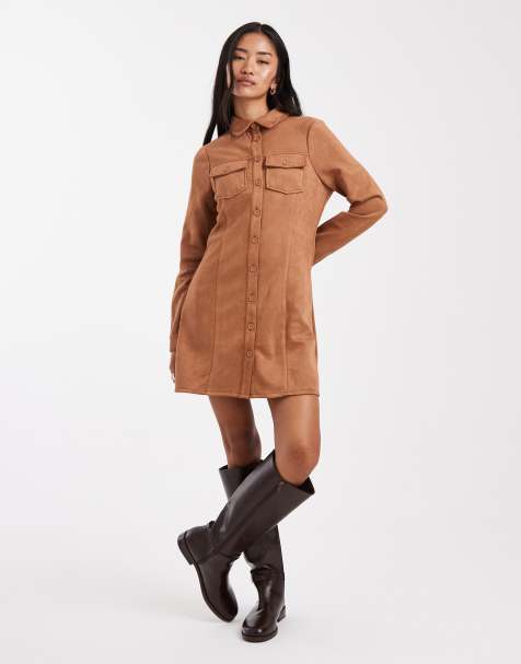 Miss Selfridge – Langärmliges Kleid aus Wildlederimitat in Hellbraun - view 1