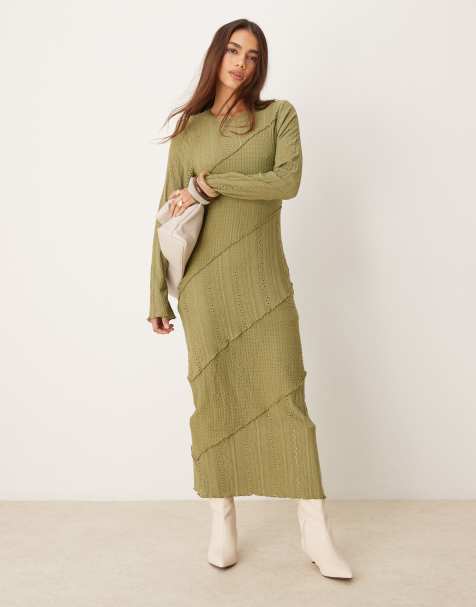 Miss Selfridge – Langärmliges Kleid in Khaki mit verschiedenen Strukturen - view 1