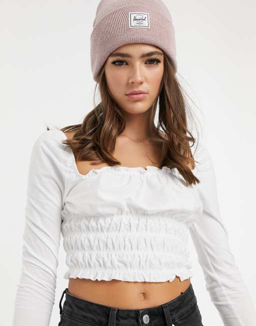 Miss Selfridge – Langärmliges, kurzes Camisole-Oberteil mit Raffung in Weiß, 3 von 4