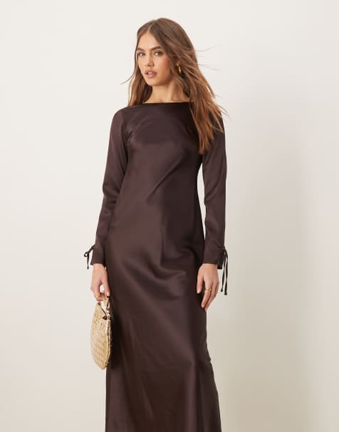 Miss Selfridge – Langärmliges Maxikleid in Braun - view 1