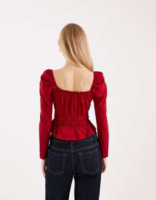 Miss Selfridge – Langärmliges Milchmädchen-Oberteil in Kirschrot, 2 von 4