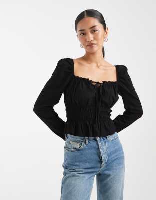 Miss Selfridge - Langärmliges Milchmädchen-Oberteil in Schwarz