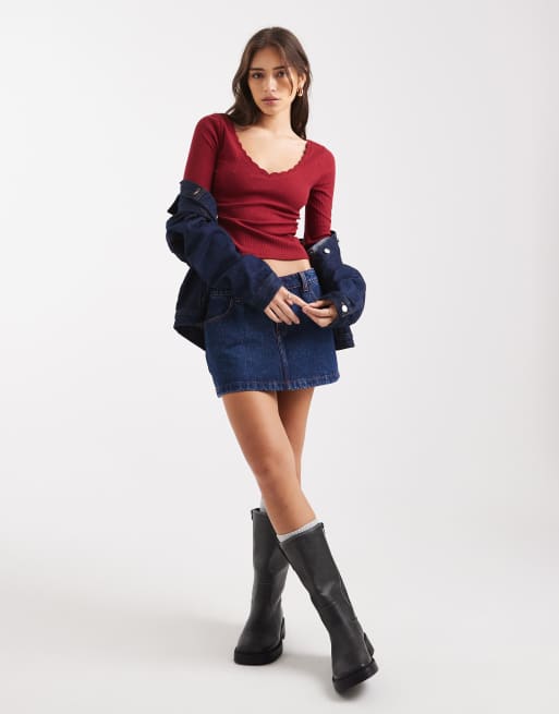 Miss Selfridge – Langärmliges Oberteil in Rot mit Muschelsaum, 2 von 4