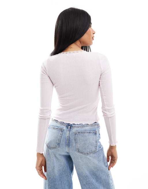 Miss Selfridge – Langärmliges Oberteil in weichem Rosa mit eckigem Ausschnitt und Spitzenbesatz, 4 von 4