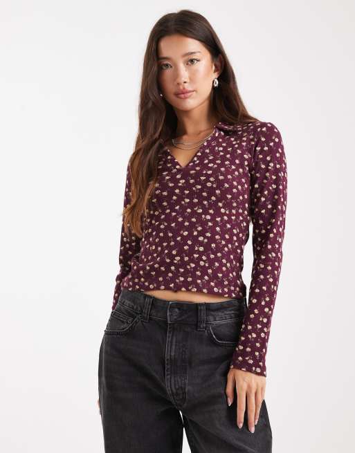Miss Selfridge – Langärmliges Polo-Oberteil mit Blümchenprint