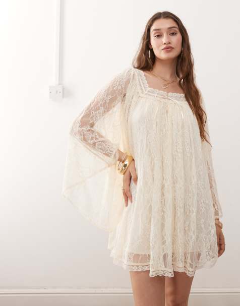 Miss Selfridge – Langärmliges Spitzen-Kleid in Creme - view 1