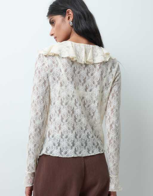 Miss Selfridge langärmliges Spitzentop mit Rüschen in Cremeweiß, 4 von 5