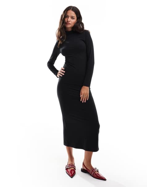 Miss Selfridge – Langärmliges, weiches Maxikleid in Schwarz mit hohem Ausschnitt - view 1