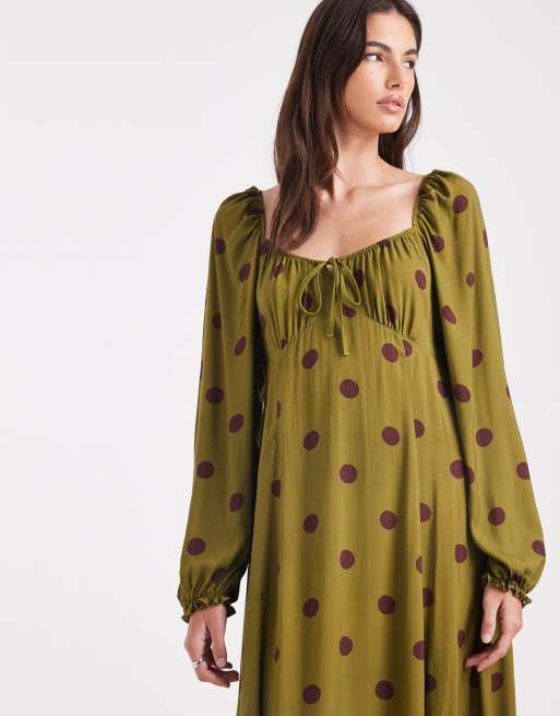 Miss Selfridge - Lange nette jurk met stippen in olijfgroen, 2 van 4
