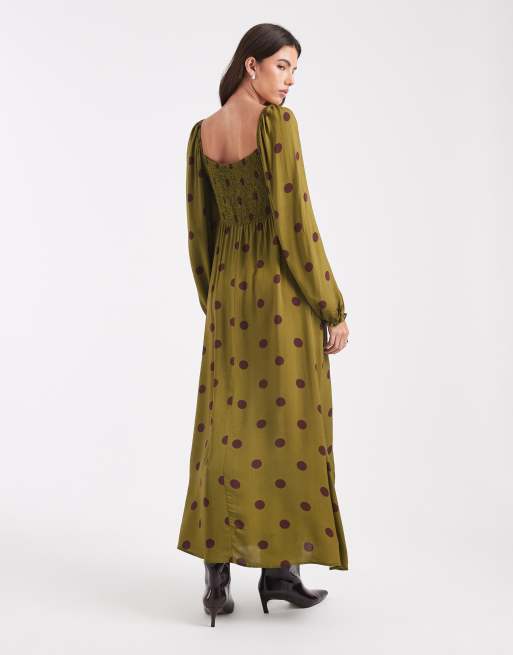 Miss Selfridge - Lange nette jurk met stippen in olijfgroen, 4 van 4