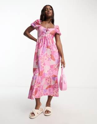 Miss Selfridge - Langes Patchwork-Kleid in Rosa mit Schnürung