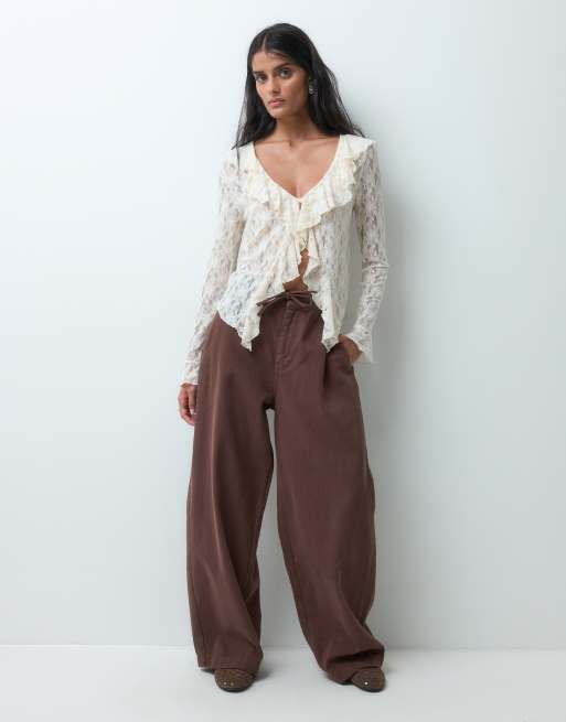 Miss Selfridge langærmet blondetop med flæser i creme, 3 af 5