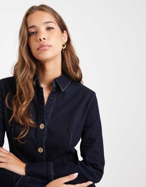 Miss Selfridge - Langærmet og figursyet denimskjorte i indigoblå vask , 2 af 4