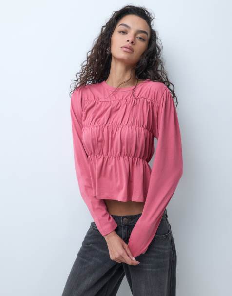 Miss Selfridge langærmet peplum-top med rynkede detaljer i rosa - view 1