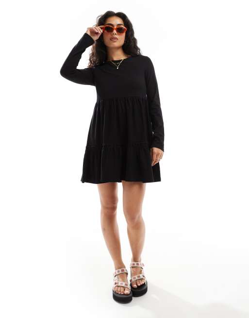 Miss Selfridge - Langærmet smock-minikjole i sort vask