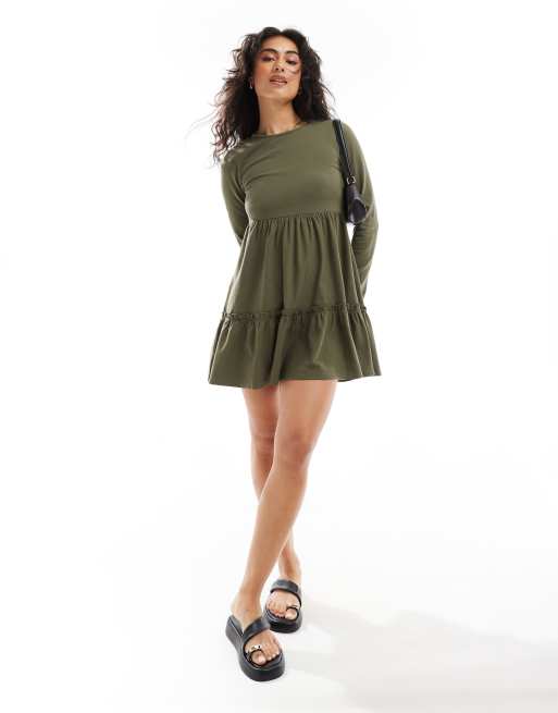 Miss Selfridge - Langærmet smock-minikjole i vasket kakigrøn