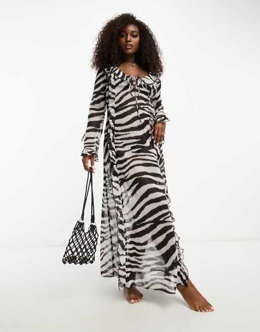 Miss Selfridge - Langærmet strand-maxikjole med slids i siden i chiffon med zebramønster 