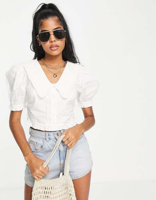 Miss Selfridge large broderie collar crop top in ivory 