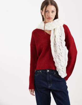 Miss Selfridge Miss Selfridge large pointelle knitted triangle scarf in cream-Red