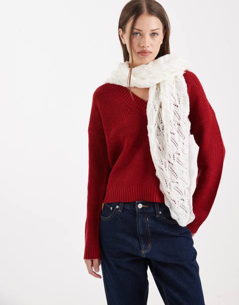 Miss Selfridge large pointelle knitted triangle scarf in cream - view 1
