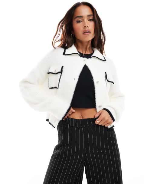 Miss Selfridge lash detail tipped button up collar cardigan in cream - view 1