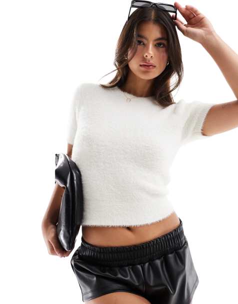Miss Selfridge lash knitted short sleeve top in cream - view 1