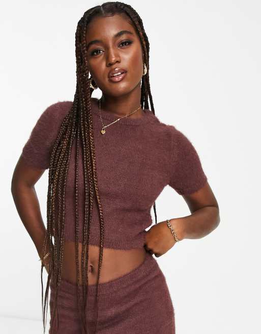 Miss Selfridge lash short sleeve crop top in mocha - part of a set