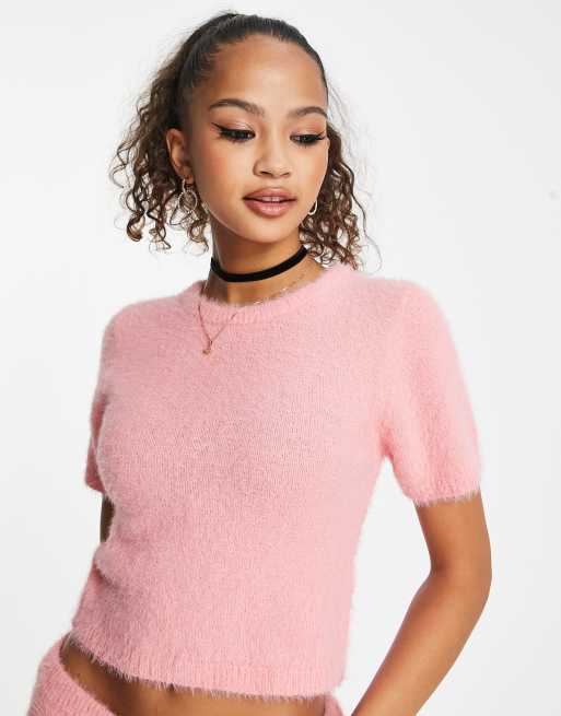 Miss Selfridge lash short sleeve crop top in pink (part of a set)