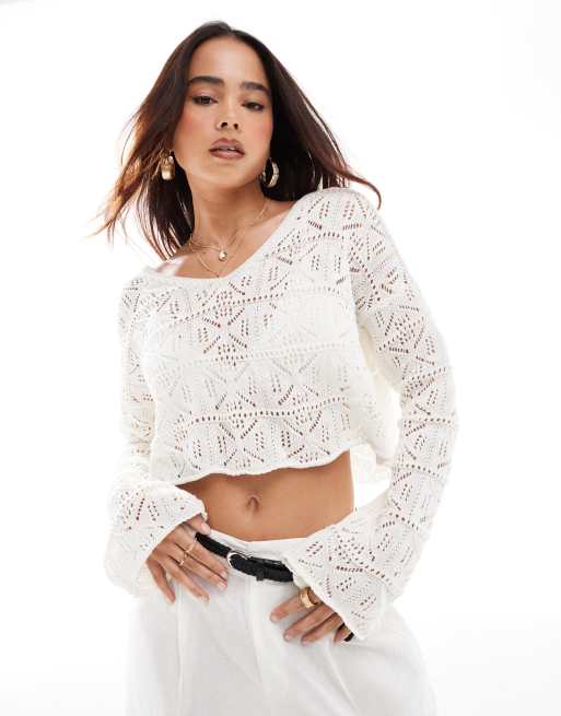 Miss Selfridge – Lässiger Pullover aus Häkelstoff in Creme