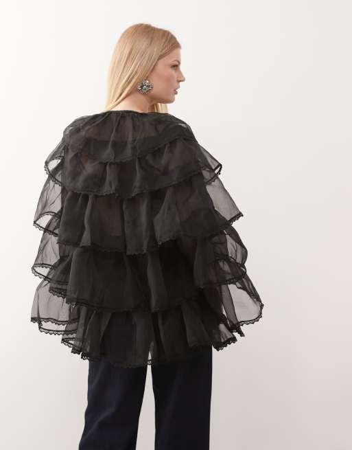 Miss Selfridge layered chiffon cape in black, 4 of 4