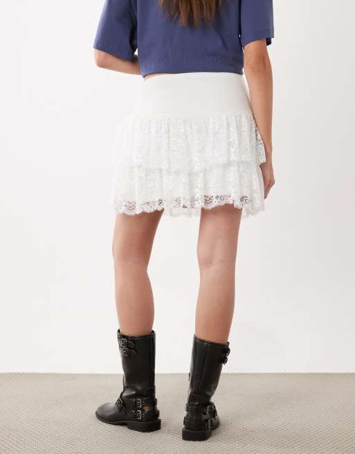 Miss Selfridge layered mini skirt with lace trim in white, 4 of 5