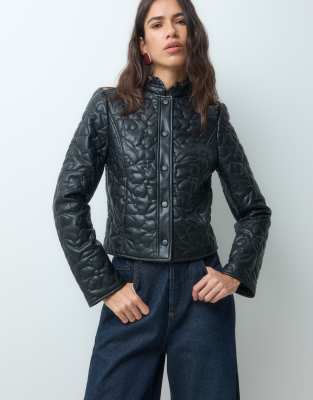 Miss Selfridge Leather Look Floral Quilt Jacket With Frill Collar-black