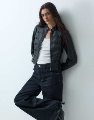 Miss Selfridge Leather Look Military Jacket-black