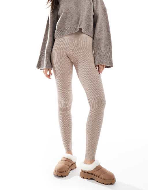 Miss Selfridge - Leggings confortevoli in maglia a coste color avena