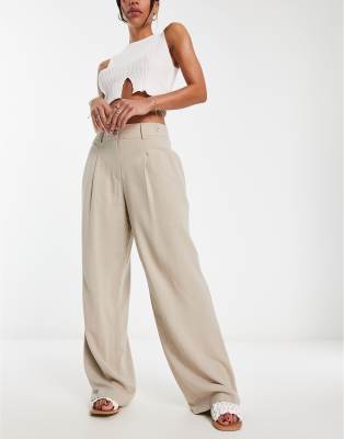 Miss Selfridge - Leinenhose in Stein mit hoher Taille und weitem Bein-Neutral