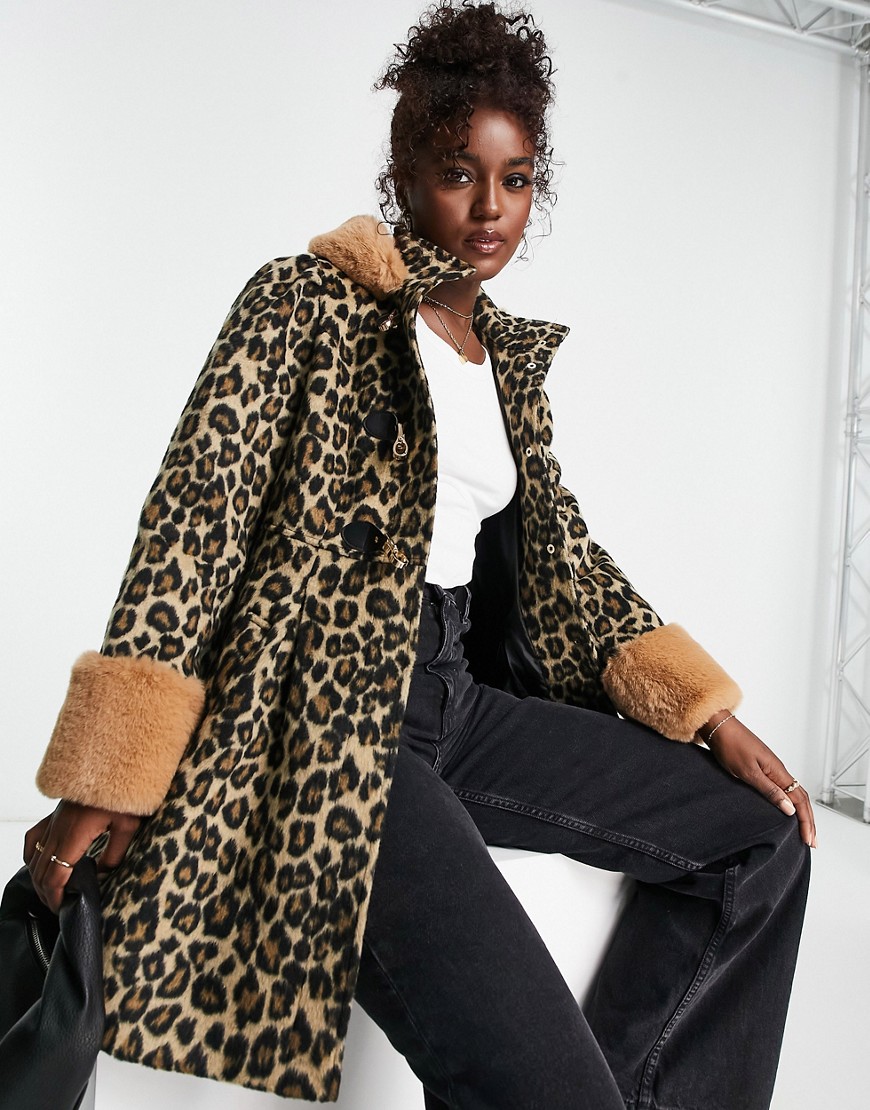 Miss Selfridge Leopard Duffel Swing Coat With Fur Hood-multi