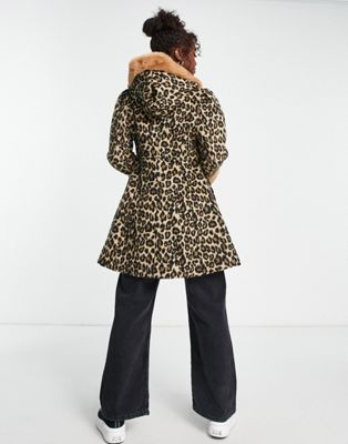 Miss Selfridge leopard duffel swing coat with fur hood