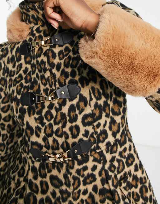 Miss Selfridge leopard duffel swing coat with fur hood