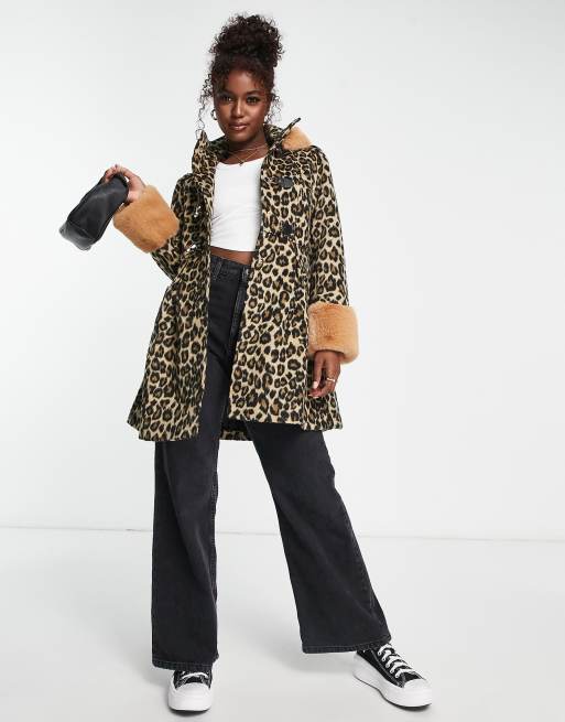 Miss Selfridge leopard duffel swing coat with fur hood