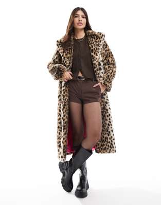 leopard faux fur maxi coat-Multi