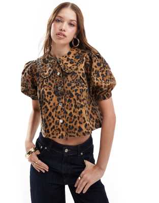 leopard print frill collar denim blouse-Multi