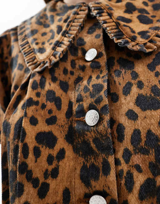 Miss Selfridge leopard print frill collar denim blouse | ASOS