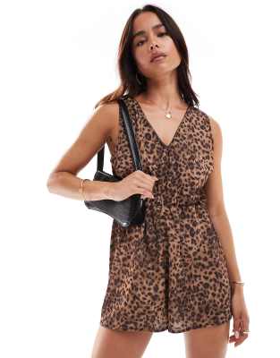 Miss Selfridge Miss Selfridge leopard print lace trim playsuit-Multi