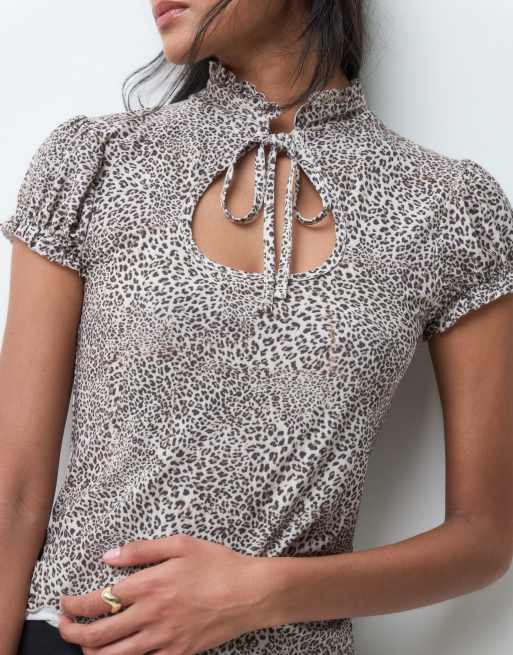 Miss Selfridge leopard print tie neck top, 5 of 5