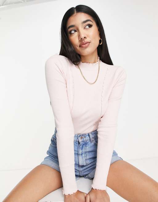 Miss Selfridge lettuce detail bodysuit in blush pink 