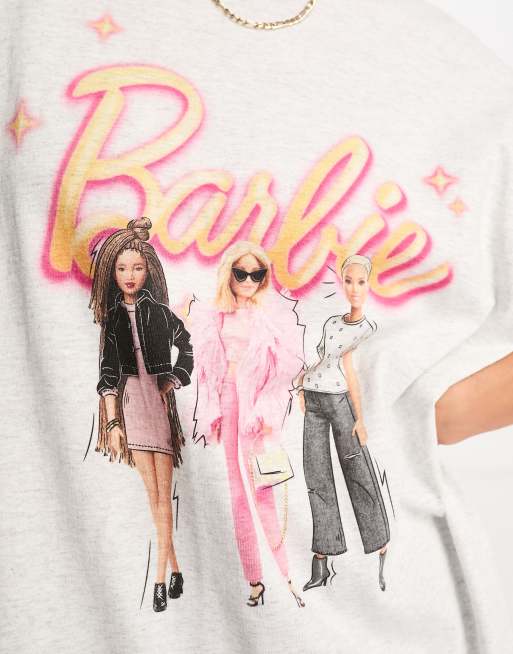 Miss Selfridge license oversized barbie t-shirt in grey marl, 3 of 4