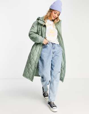 Miss Selfridge lightweight quilted longline coat in pale khaki - ASOS Price Checker