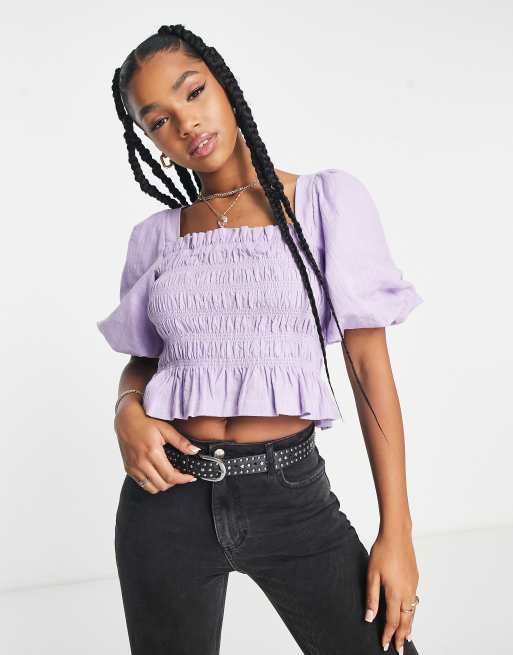 Miss Selfridge – Lila blus i linneimitation med volymärmar
